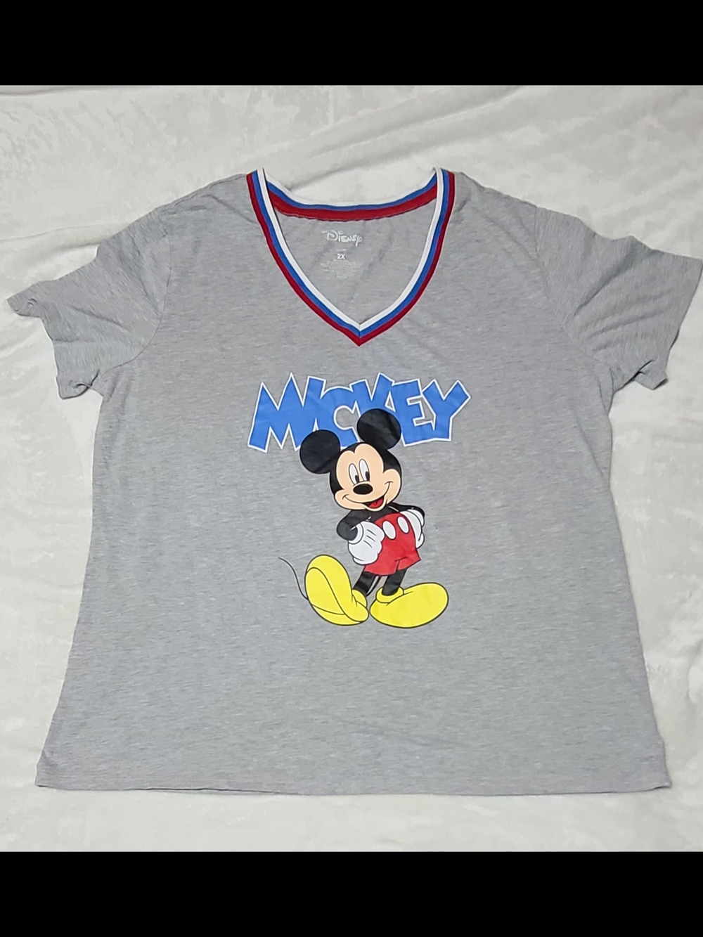 Disney Mickey Graphic V-Neck Tee - Gray with Red, White, & Blue